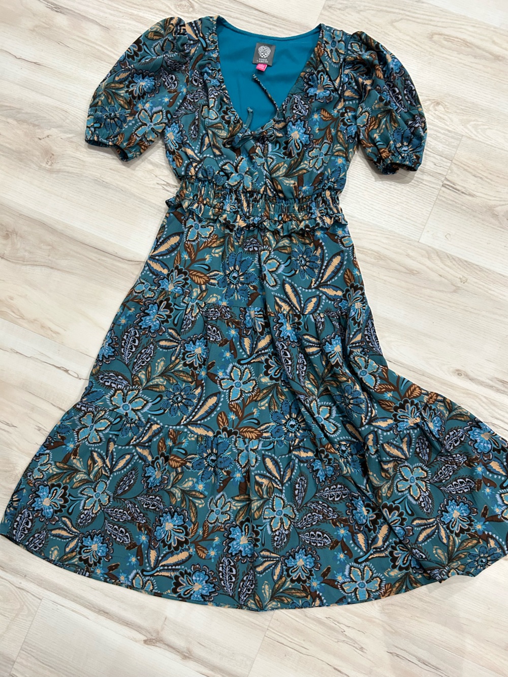 Vince Camuto Teal Floral Puff-Sleeve Midi Dress